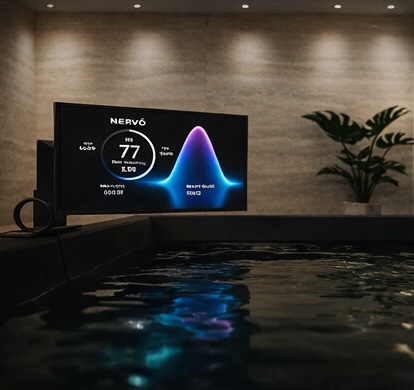 Large screen display in cold plunge environment showing real-time biometric visualization with breath guidance
